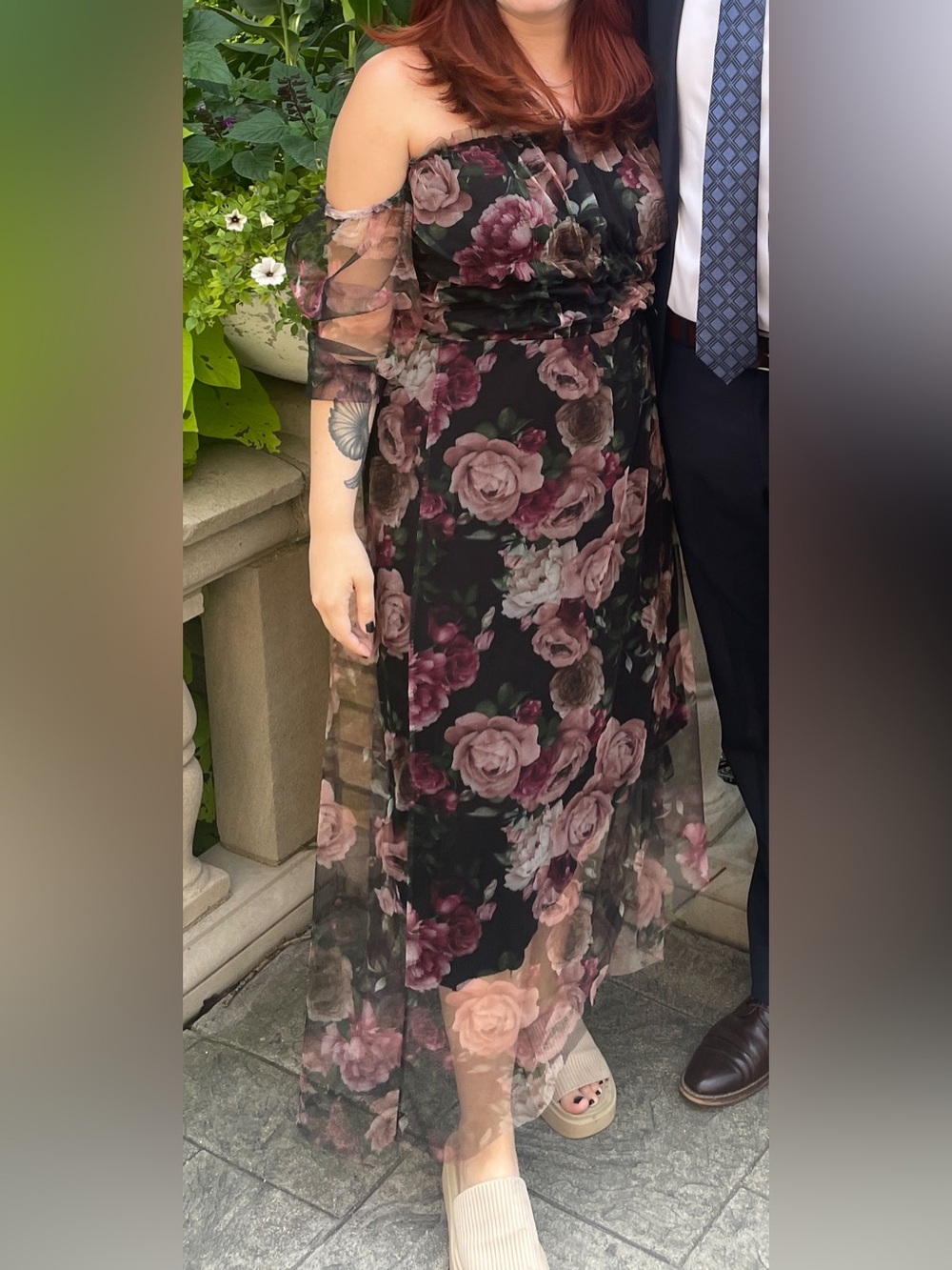 Boohoo Black and Pink Floral Midi Dress